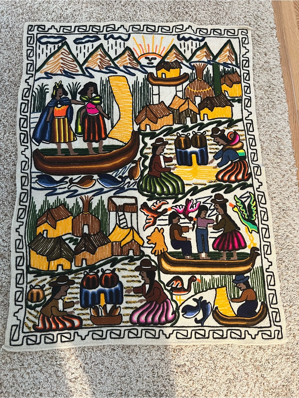 vintage Peruvian hand-embroidered wool tapestry 3’ 4” x 29”